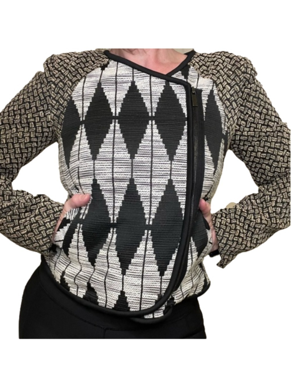 RACHEL ROY Fitted Assymetrical Zip Jacquard Jacket Black Cream Tan, 6